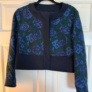 Pink Tartan Floral Jacquard Crop Jacket in Navy and Green